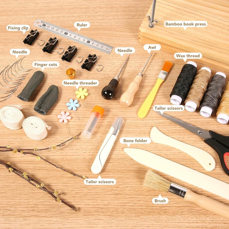 Makeasy 50Pcs Book Binding Kits with Book Press (11.6x7.8in), DIY Bookbinding Kit with Waxed Thread, Needles, Bone Folder, Scissors & Bookbinding Supplies for Beginners & Professionals - Image 3